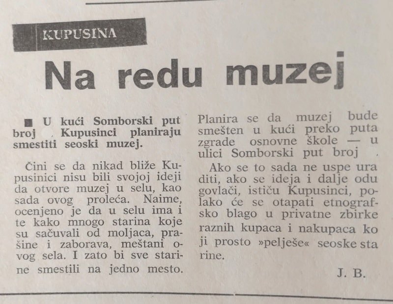 članak u novinama muzej u selu Kupusina kod Apatina