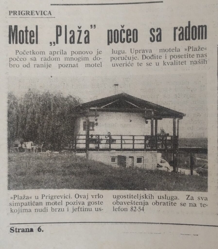 članak u novinama - motel Plaža u Prigravici