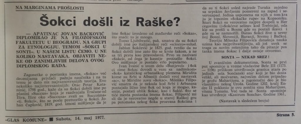 članak u novinama o poreklu Šokaca