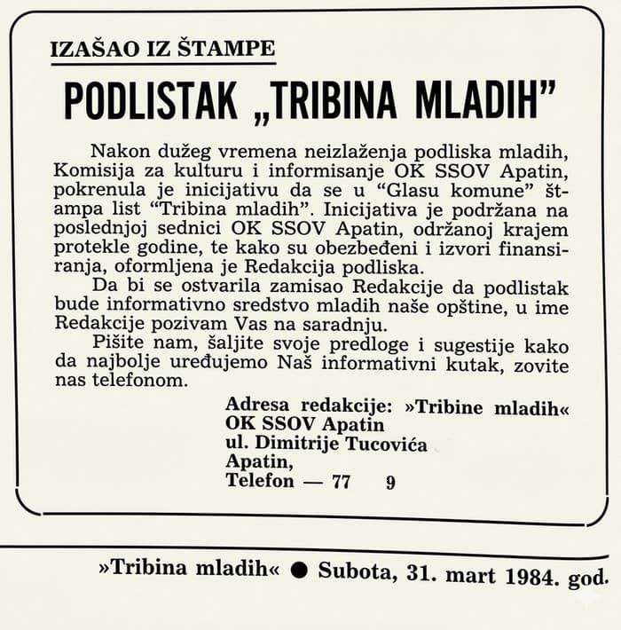 najava  početka izlaženja tribine mladih u apatinu