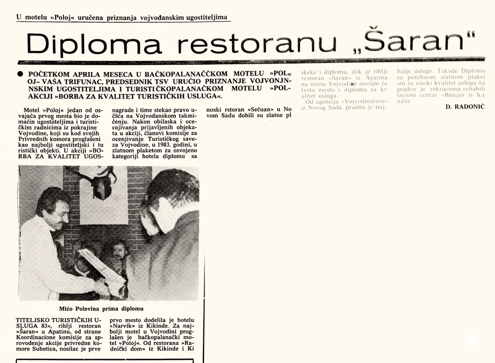 novinski članak o nagradi koju je dobio restoran Šaran iz Apatina